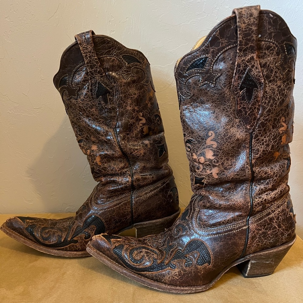 CORRAL Womens Chocolate Lizard Inlay Snip Toe Cowgirl Boots C2118